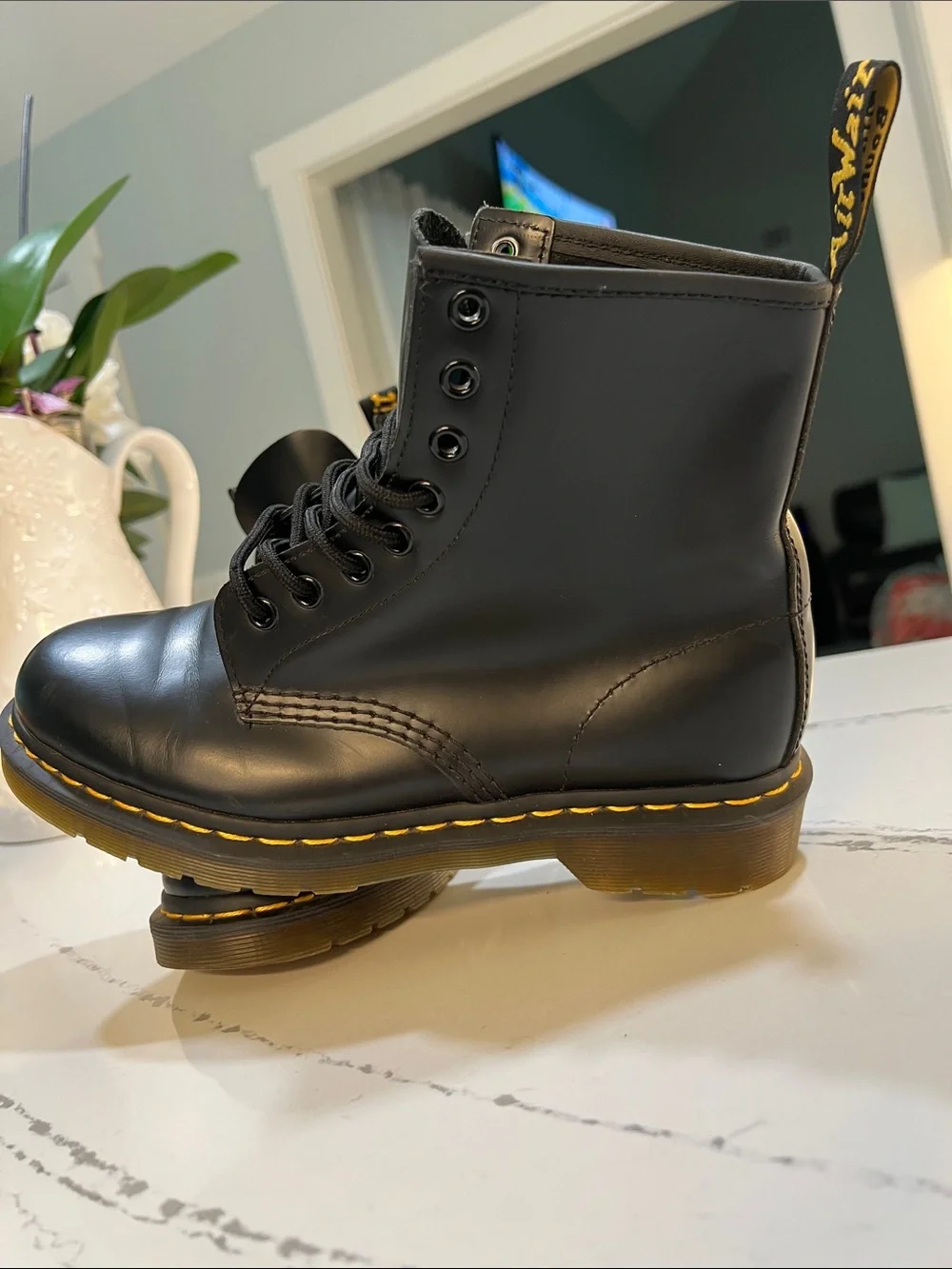 Dr. Martens 1460 Black Leather 8-Eye Lace-Up Boots with Yellow Stitching